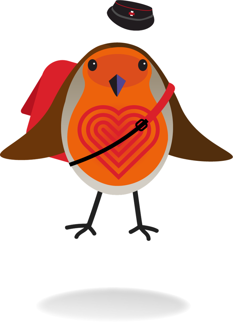 The Robin mascot mid-jump, cap lifting off