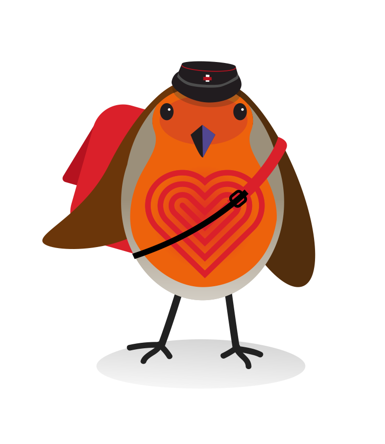 Robin, the friendly postal robin mascot for the Royal Mail employee app