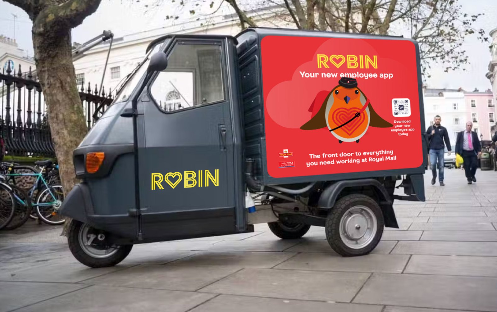 The branded Robin coffee tuk-tuk touring Royal Mail sites